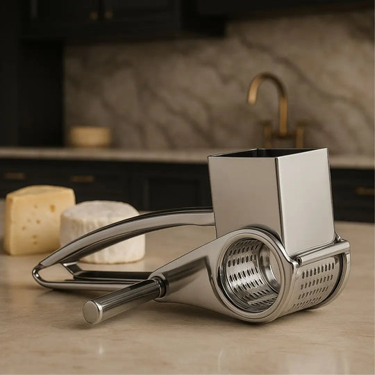 Ralador de queijo giratório inox Casavelle sobre bancada de mármore com queijos ao fundo em cozinha sofisticada.