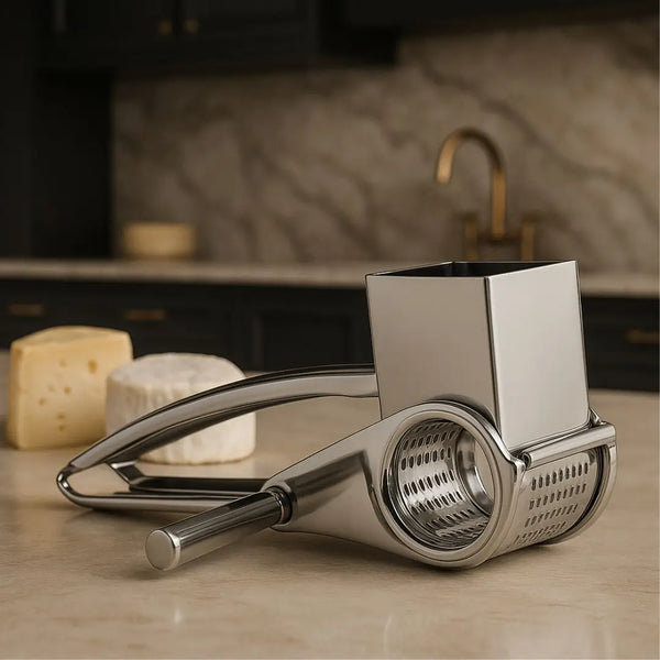 Ralador de queijo giratório inox Casavelle sobre bancada de mármore com queijos ao fundo em cozinha sofisticada.
