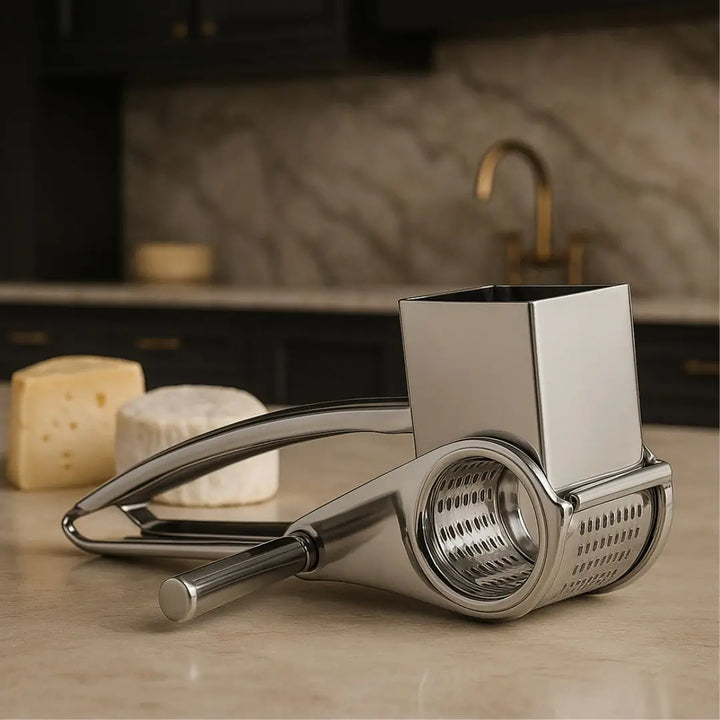 Ralador de queijo giratório inox Casavelle sobre bancada de mármore com queijos ao fundo em cozinha sofisticada.