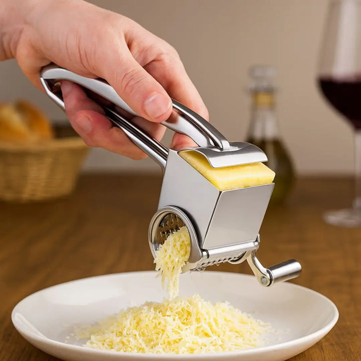 Ralador de queijo giratório inox Casavelle em uso, ralando queijo diretamente sobre prato em ambiente sofisticado com taça ao fundo.