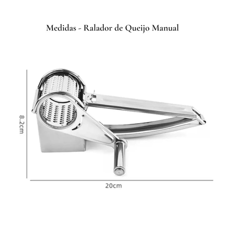 Dimensões do ralador de queijo manual Casavelle em aço inox, com medidas de 20 cm de comprimento por 8,2 cm de altura, destacando design ergonômico e refinado.
