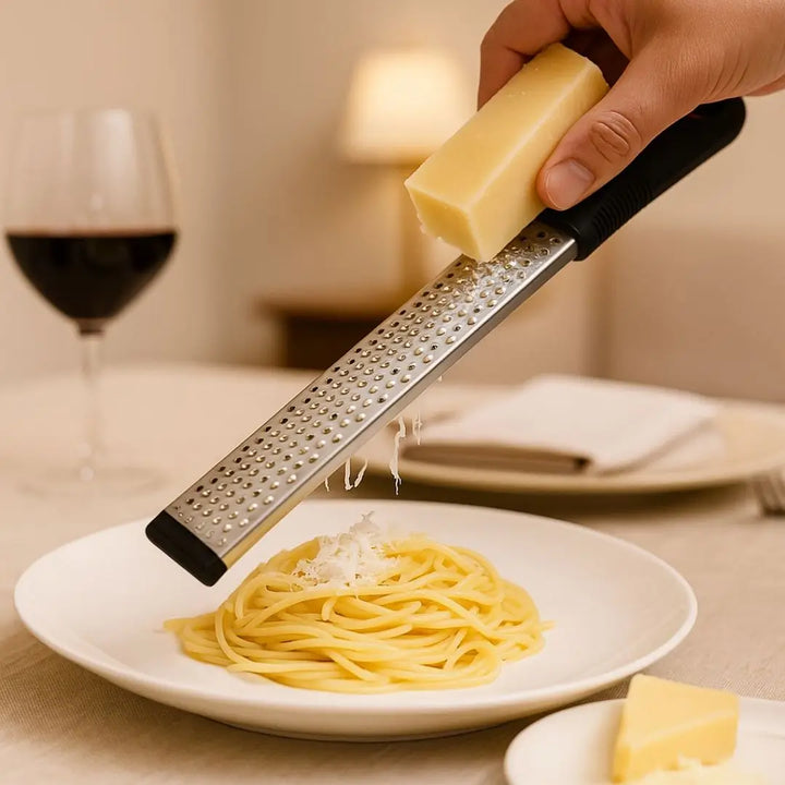 Ralador de queijo Maestro Casavelle sendo usado para ralar queijo sobre prato de espaguete em mesa elegante com taça de vinho.