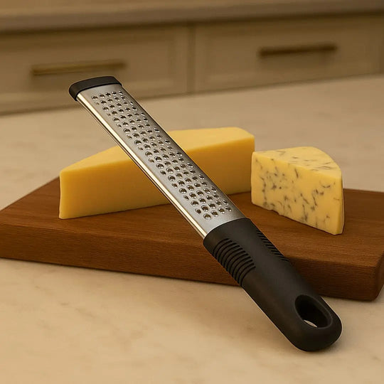 ralador-de-queijo-maestro-casavelle-sobre-tábua-de-madeira-com-pedaços-de-queijo-em-cozinha-sofisticada-e-iluminada