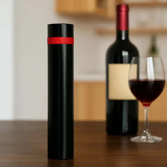 Saca Rolha Click Casavelle em preto com detalhe vermelho, posicionado sobre mesa de madeira ao lado de garrafa e taça de vinho tinto em ambiente sofisticado.