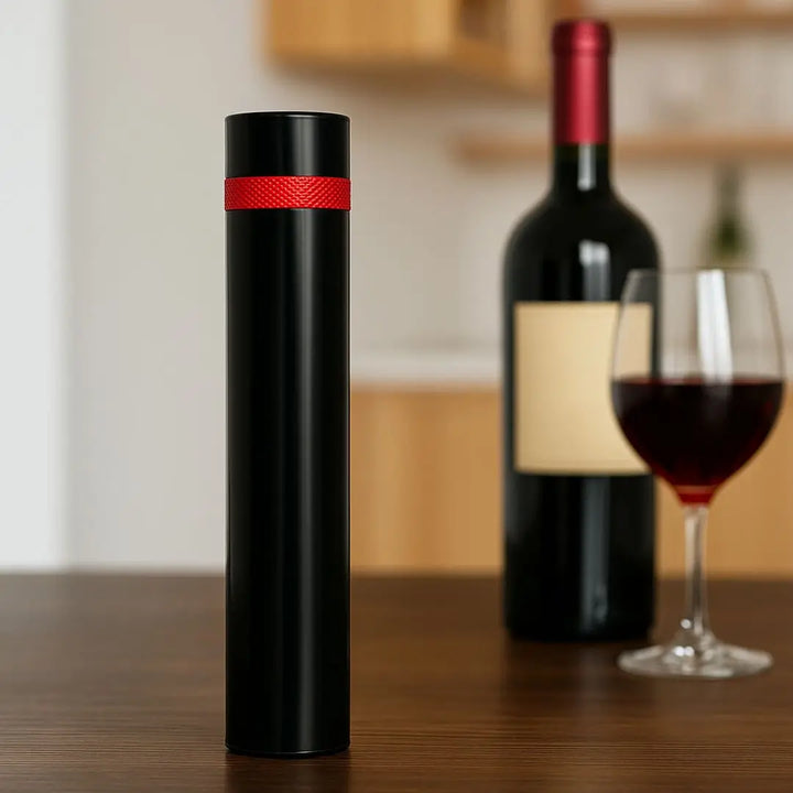 Saca Rolha Click Casavelle em preto com detalhe vermelho, posicionado sobre mesa de madeira ao lado de garrafa e taça de vinho tinto em ambiente sofisticado.