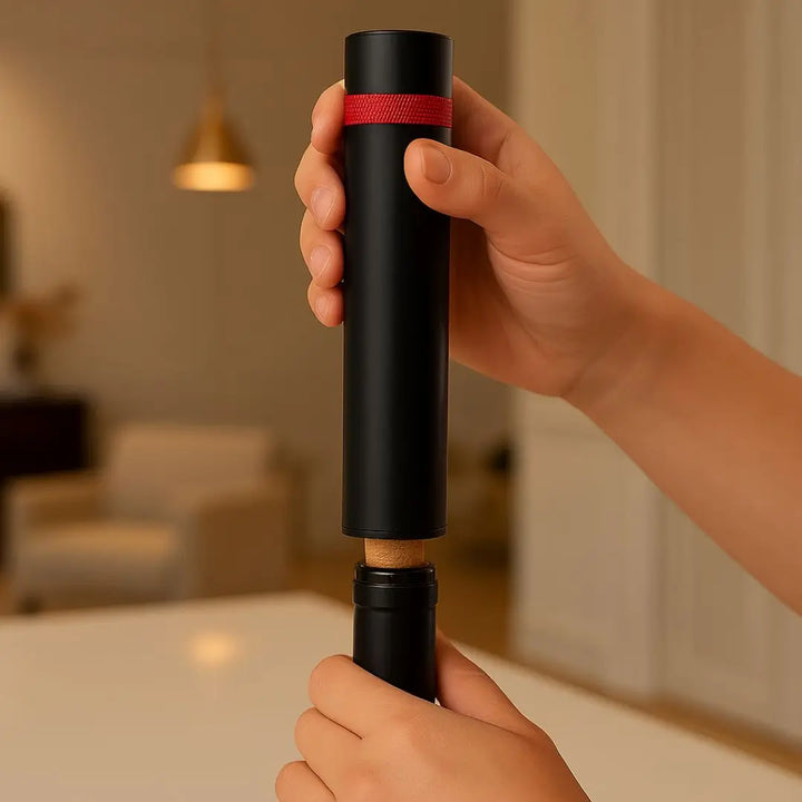 Mãos utilizando o Saca Rolha Click Casavelle em preto com detalhe vermelho para remover a rolha de uma garrafa de vinho em ambiente sofisticado.