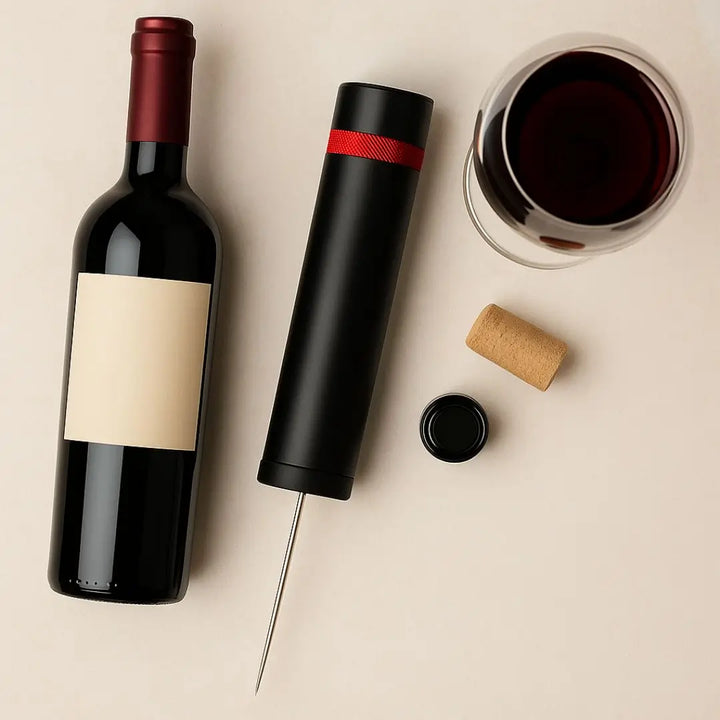 Saca Rolha Click Casavelle em preto com detalhe vermelho posicionado ao lado de garrafa de vinho, taça cheia e rolha removida em composição sofisticada.