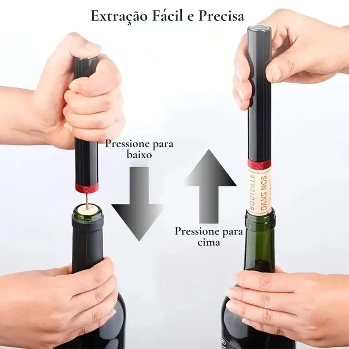 Demonstração do Saca Rolha Click Casavelle em uso, mostrando o movimento de pressão para baixo e para cima para extrair a rolha com precisão.