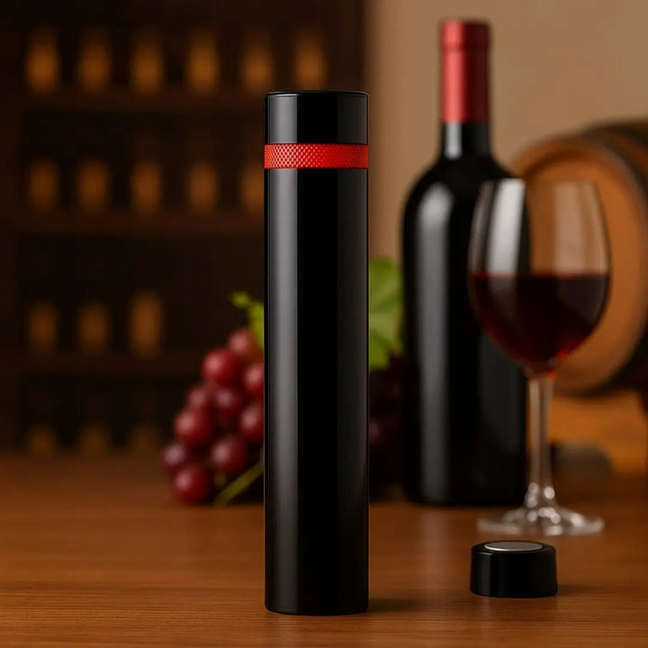 Saca Rolha Click Casavelle em preto com detalhe vermelho posicionado em ambiente de adega sofisticada, com garrafa de vinho, taça e uvas ao fundo.