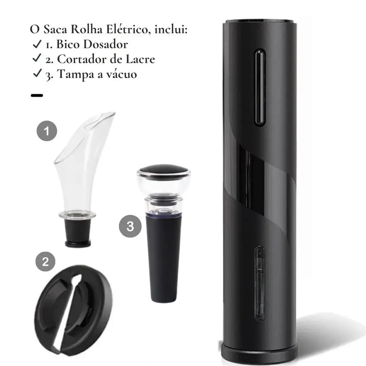 Saca rolha elétrico preto com bico dosador cortador de lacre e tampa a vacuo exibidos ao lado do aparelho.