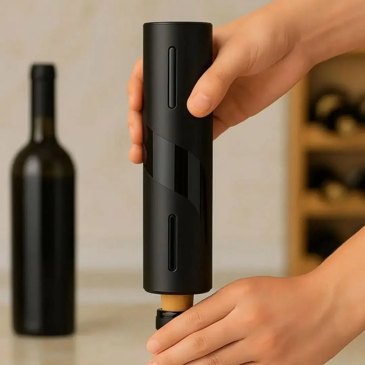 Saca Rolha Elétrico Imperium Casavelle em uso retirando a rolha da garrafa com luz azul acesa.