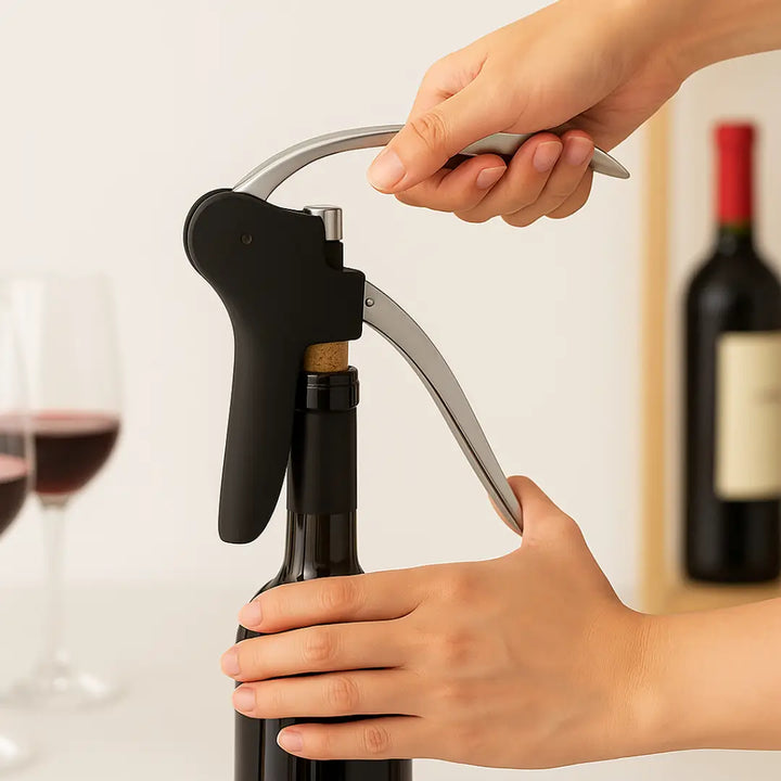 Saca Rolha Privilege Casavelle em uso abrindo garrafa de vinho em ambiente sofisticado.