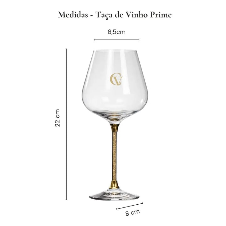 medidas da taça de vinho prime casavelle com haste dourada vista frontal.